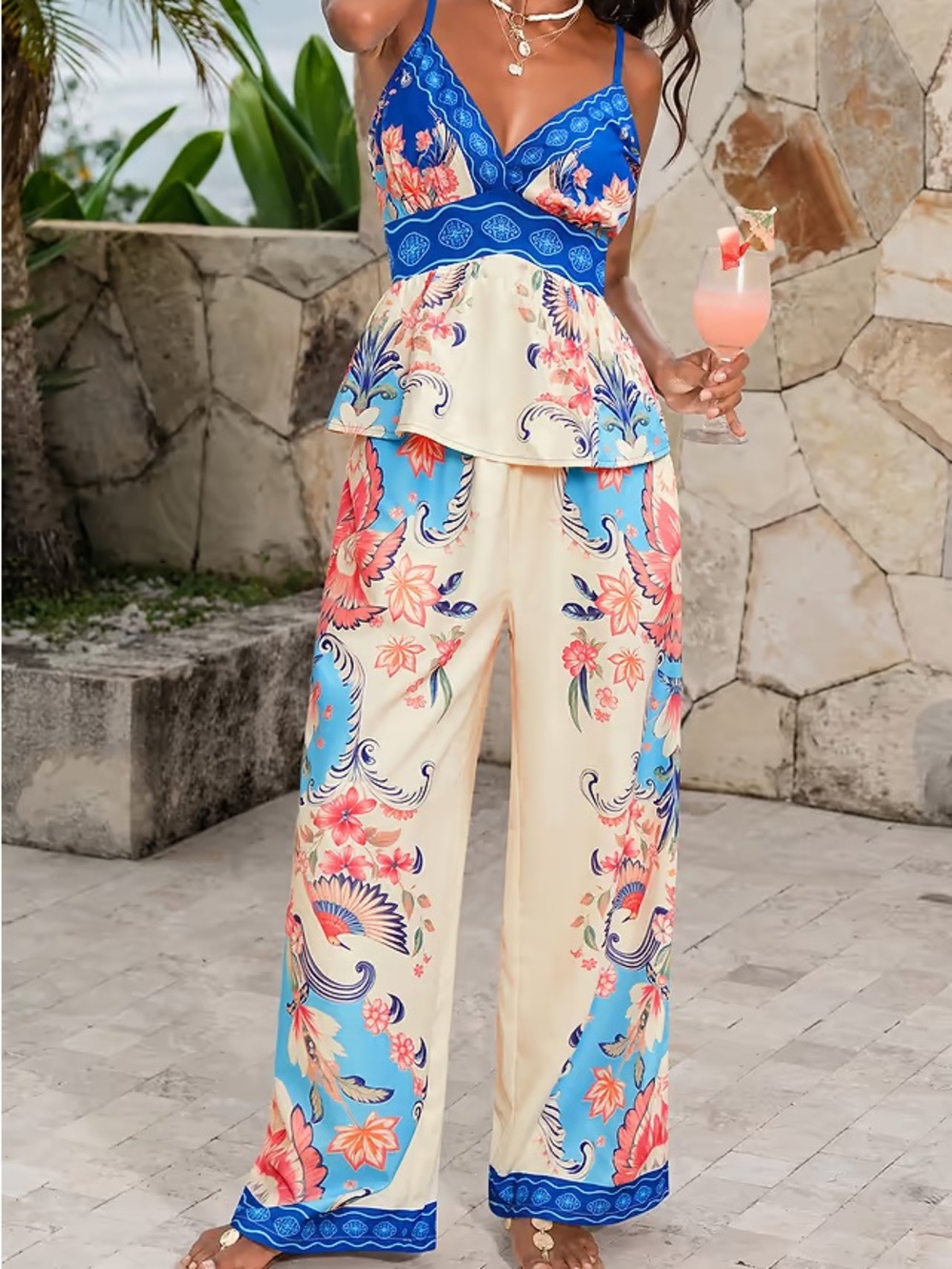 Women’s Floral Wide-Leg Matching Set in Cream & Blue- BEAND NEW, XS
